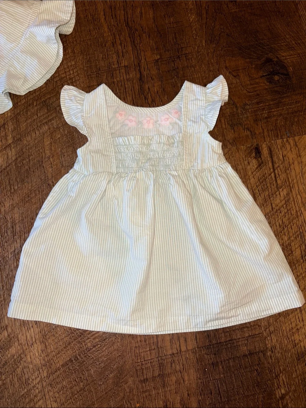 Carter's White & Green Striped Dress, Hat, Bloomers Set - 6M